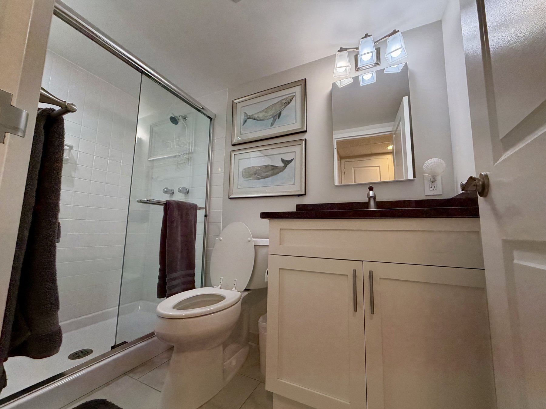 Bathroom walk-in shower in rental unit 1004