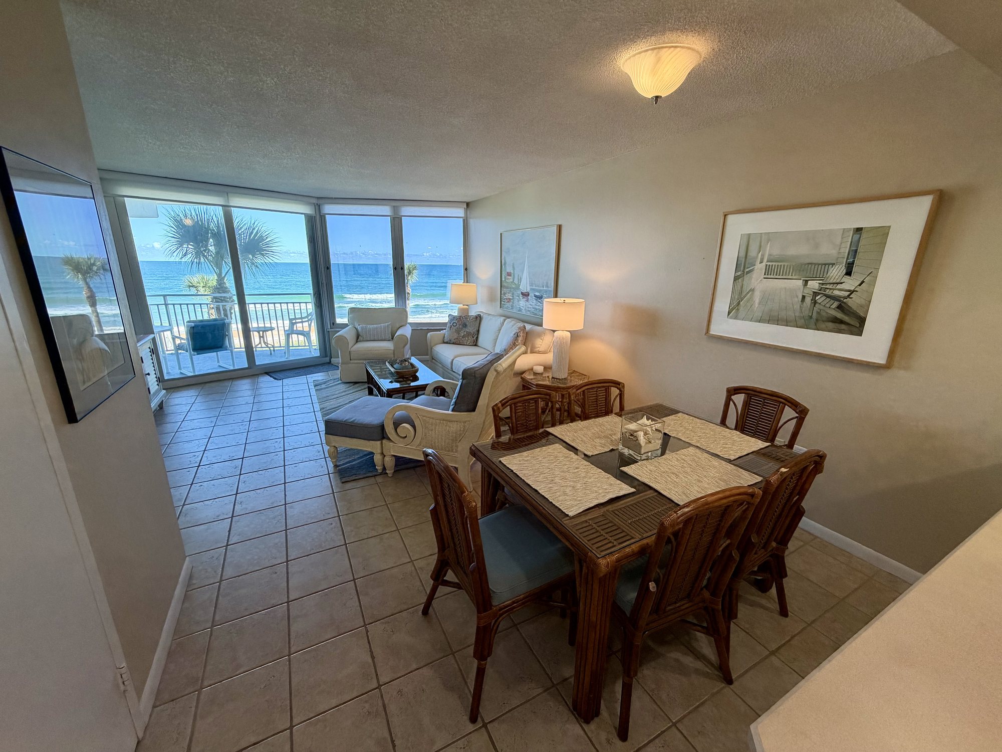 Dining area overlooking the living room in rental unit 206